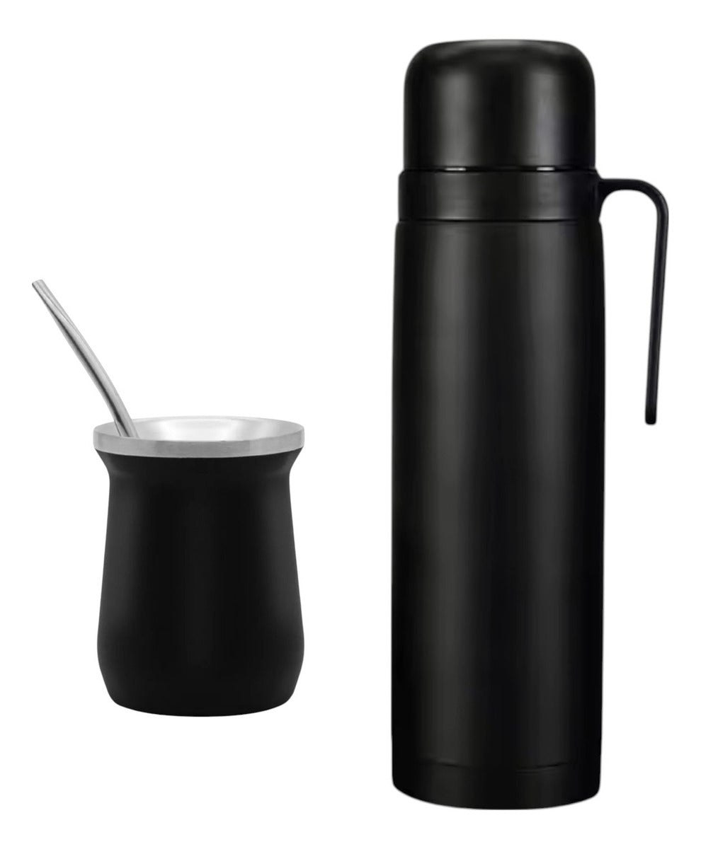 Set Termo Media Manija Acero Inox 1l Mate Termico Bombilla