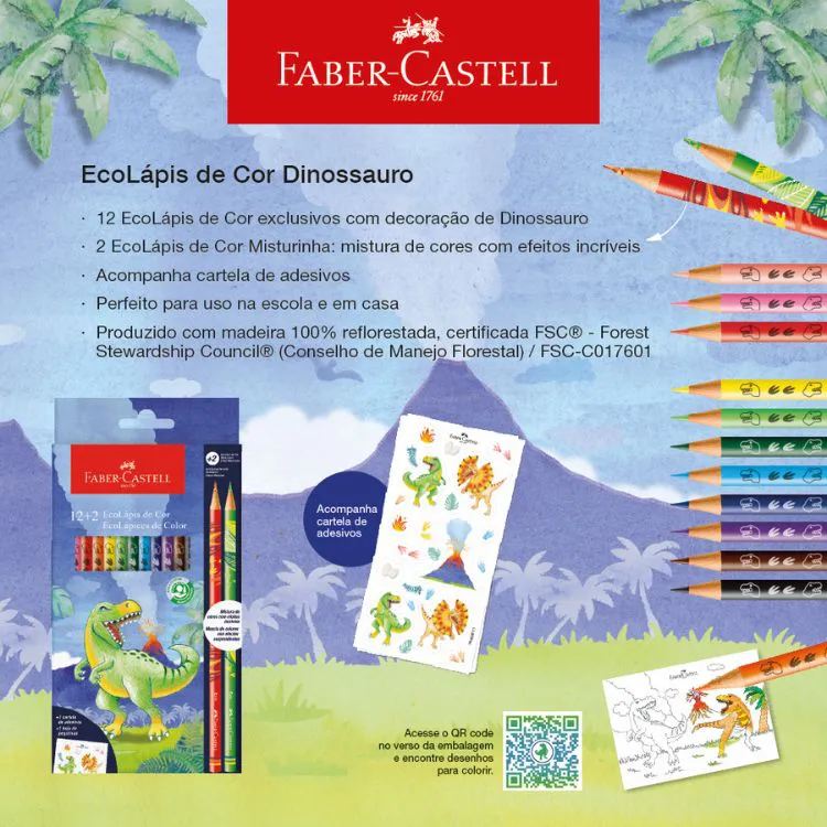 Lapices De Colores Mezclados Dinosaurios Faber Castell 12+2