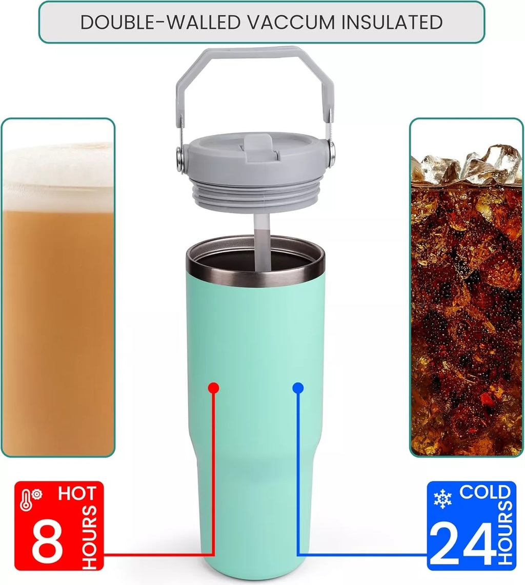 Vaso Termico Acero Con Manija Y Sorbete Flip Straw 900ml