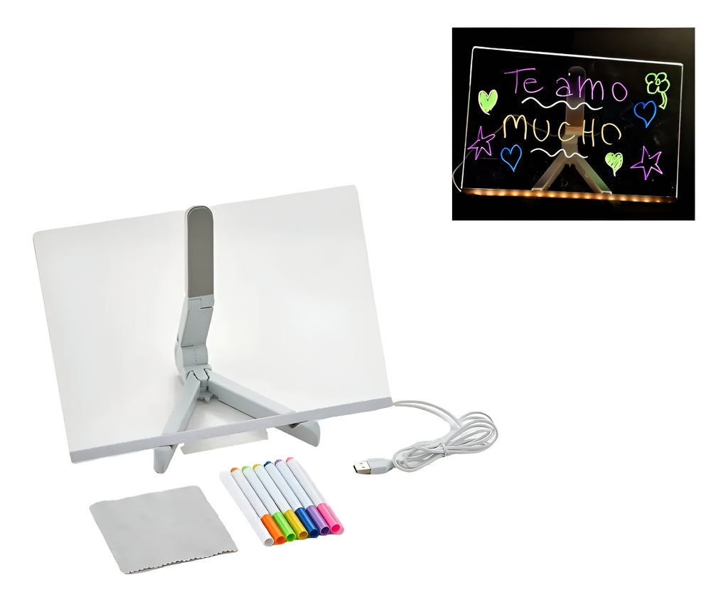 Pizarra Mágica Tableta Luz Led Usb Acrilico Blanco 30x20 Cm
