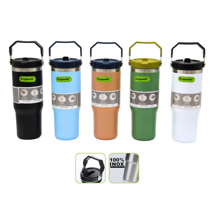 Vaso Termico Acero Con Manija Y Sorbete Flip Straw 900ml